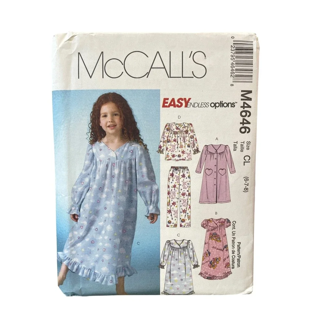 McCall's M4646 Sewing Pattern Girls Size 6-8 Robe Nightgown Top Pants Uncut